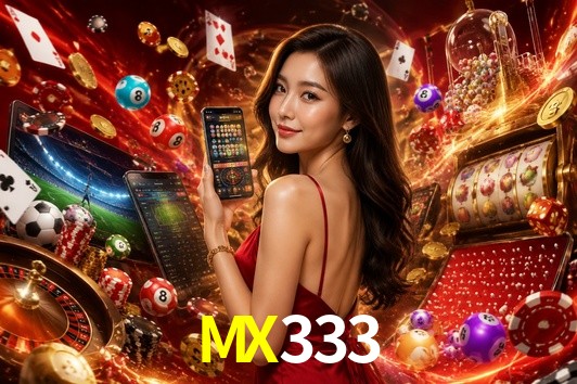 Escena dinámica inspirada en casino con iluminación MX333, cartas, fichas e íconos de juegos digitales en un espacio moderno de juegos.