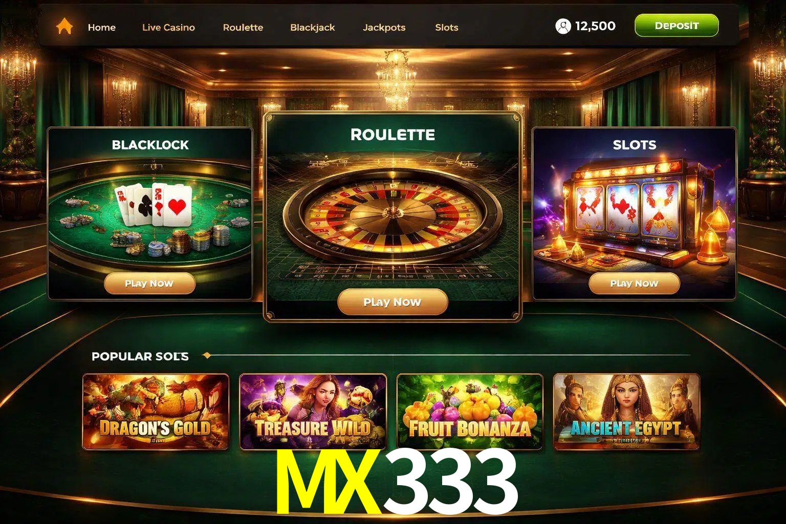 Vista de la plataforma MX333 Casino mostrando categorías organizadas de juegos en línea