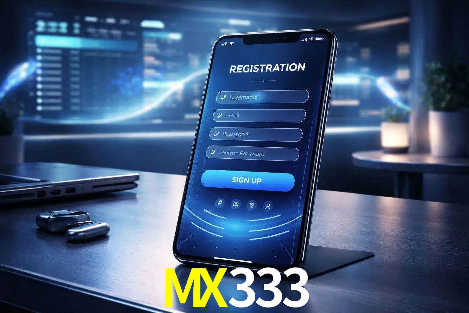 Una interfaz moderna de registro móvil para MX333 mostrada en un smartphone con un panel de apuestas elegante.